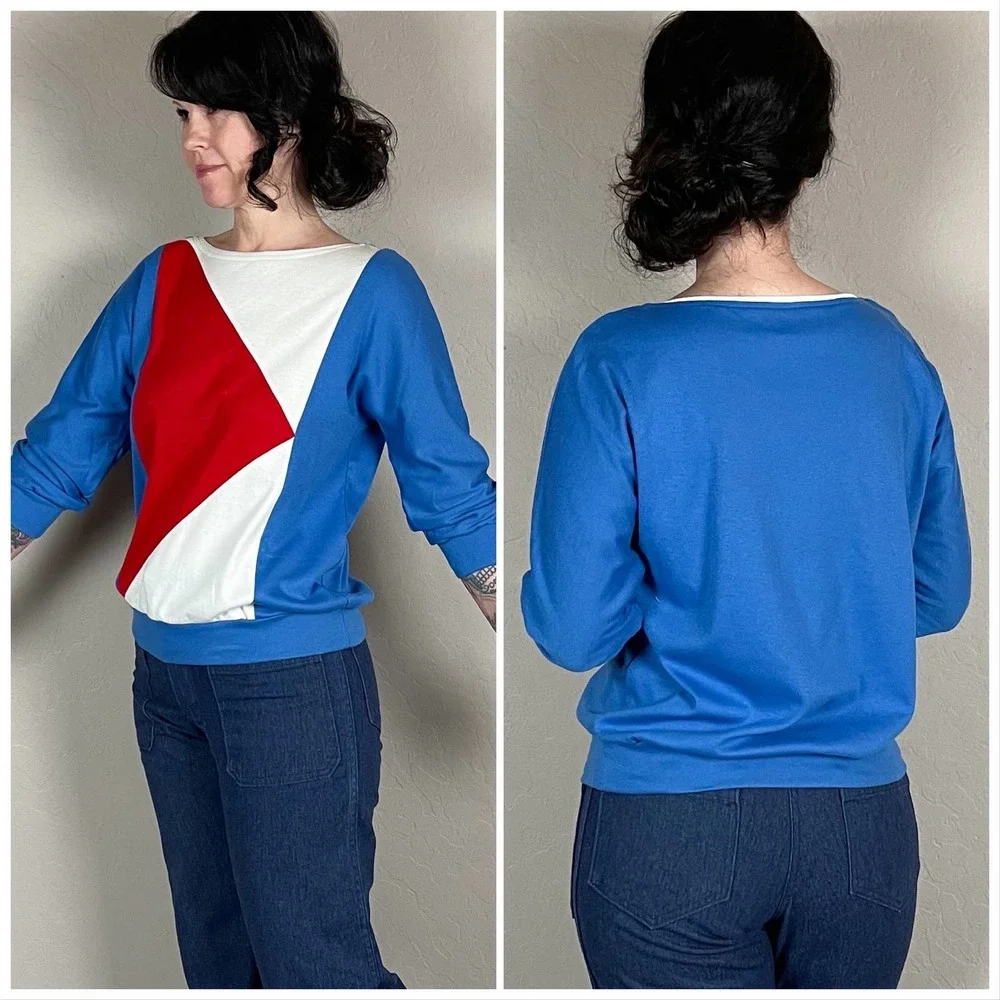 Vintage 1970s Blue Geometric Print Long Sleeve Jersey Knit Top - Picture 3 of 6